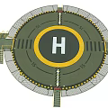 Circular Helicopter Landing Pad Featuring Yellow Ring White H Mark Metal Railings And Stairs