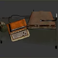 Vintage Office Desk With Table Lamp Radio Old TV Set Dark Tabletop And Metal Legs