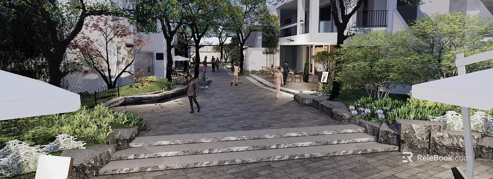 Commercial Landscape With Pedestrian Walkway Stone Pavement Trees White Buildings And Outdoor Seating 3d model 