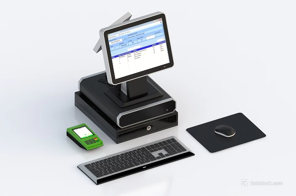 Modern Business Cash Register System with Touchscreen Display Keyboard and Payment Terminal 3d model 