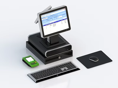 Modern Business Cash Register System with Touchscreen Display Keyboard and Payment Terminal 3d model