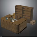 Stylish Wooden Counter With Curved Design And Bookshelf In Interior Setting