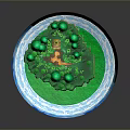 Scenic Floating Island with Lush Green Trees Orange Roof Cottage Blue Sky Clouds Central Path