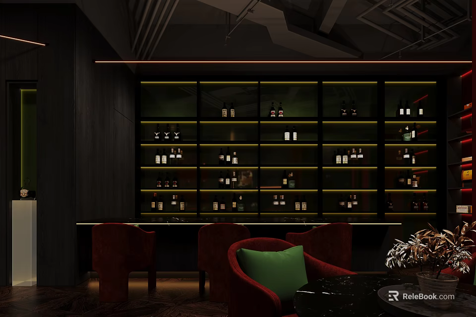 Stylish Modern Bar Interior Design With Wine Racks Red Chairs And Green Cushions 3d model 