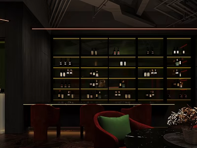 Stylish Modern Bar Interior Design With Wine Racks Red Chairs And Green Cushions 3d model