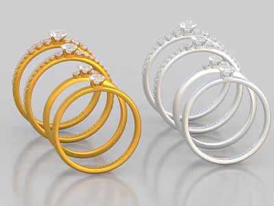 Luxury Gold Silver Stackable Rings With Shiny Diamonds Fine Jewelry Collection 3d model