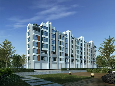 Modern Style Residential Building Exterior With Lush Greenery Trees Lawn Pathway And Lampposts 3d model