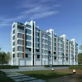 Modern Style Residential Building Exterior With Lush Greenery Trees Lawn Pathway And Lampposts