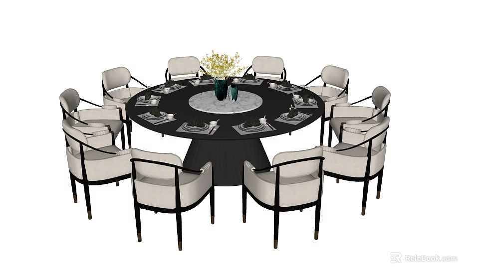 Modern Round Dining Table Set with Chairs Floral Vase and Tableware 3d model
