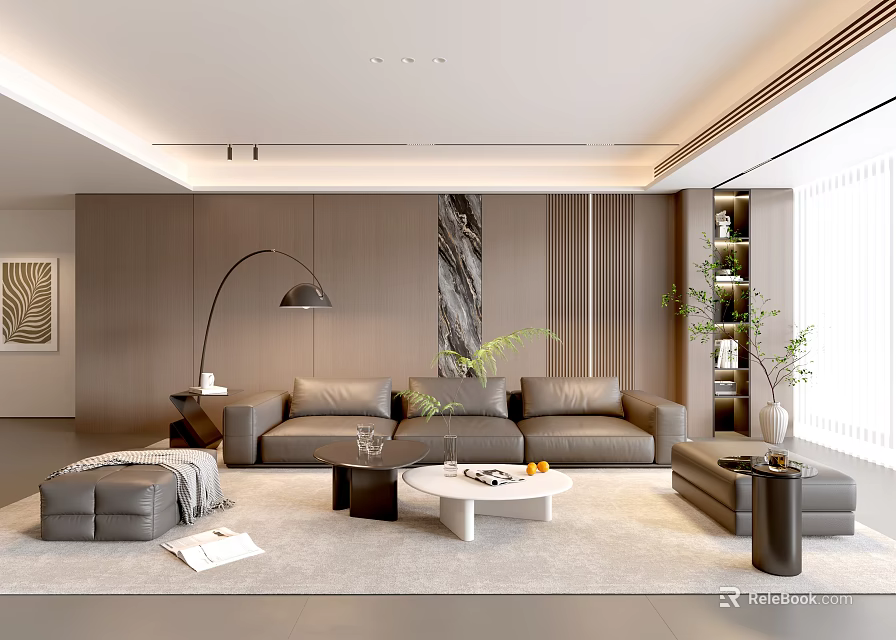 Elegant Modern Living Room With Brown Sofa Marble Feature Wall Floor Lamp Coffee Table Greenery 3d model 