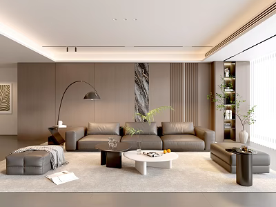 Elegant Modern Living Room With Brown Sofa Marble Feature Wall Floor Lamp Coffee Table Greenery 3d model