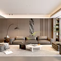 Elegant Modern Living Room With Brown Sofa Marble Feature Wall Floor Lamp Coffee Table Greenery
