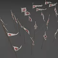 White National Flags With Red Crosses On Metal Poles Black And Gray Background