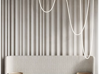 Modern Sofa Background Wall With Vertical Lines And Pendant Lights 3d model