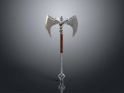 Artistic Axe Sculpture With Intricate Carved Patterns On Silver Blade And Wooden Handle 3d model