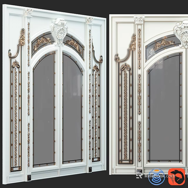 Decorative Casement Door with Gold Carvings White Frame and Glass Panels 3d model 