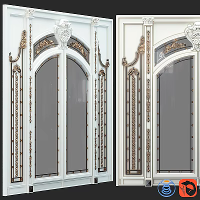 Decorative Casement Door with Gold Carvings White Frame and Glass Panels 3d model