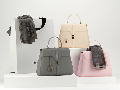 Elegant Celine Handbags In Gray Beige Pink With Scarves And Gold Locks 3d model
