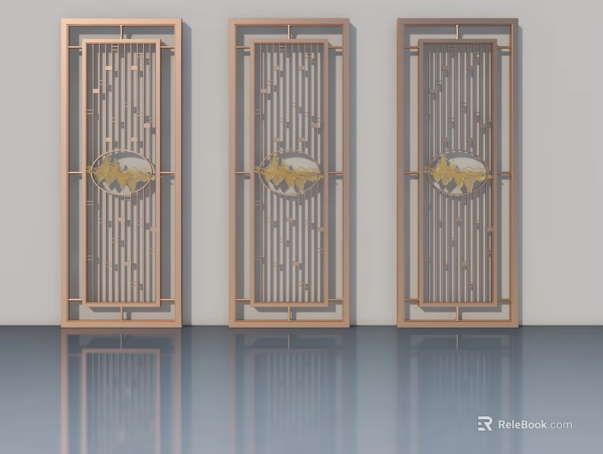 Elegant Chinese Style Swing Doors with Lattice Patterns and Circular Motifs 3d model