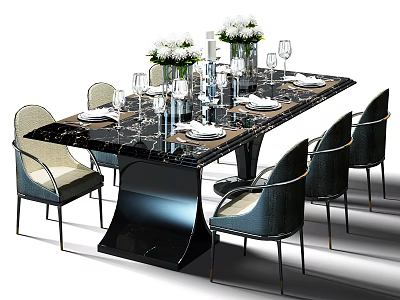 Modern Black Dining Table Set With Chairs Tableware Wine Glasses And White Flowers 3d model