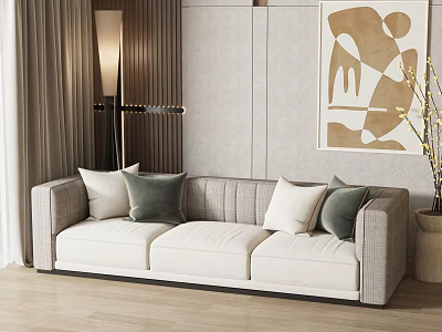 Modern Light Colored Three Seater Sofa With Throw Pillows Floor Lamp And Decorative Painting 3d model