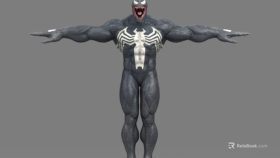 Venom Game Movie Character With Black Appearance White Spider Symbol And Muscular Build Arms Outstretched 3d model 