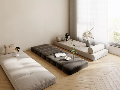 Modern Living Room Interior Design With Beige Modular Sofa Herringbone Wooden Floor And Plants 3d model