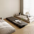 Modern Living Room Interior Design With Beige Modular Sofa Herringbone Wooden Floor And Plants