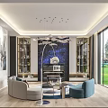 Modern Duplex Living Room With Bookcase Sofa Round Rug And Chandelier
