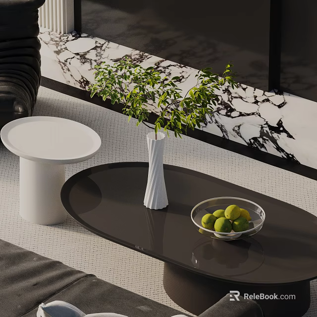 Modern Sofa Coffee Table Set with Black Table White Side Table Green Plant and Limes 3d model