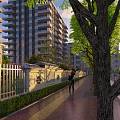 Modern Building Facade With Green Trees Pedestrian Walkway And Urban Street View