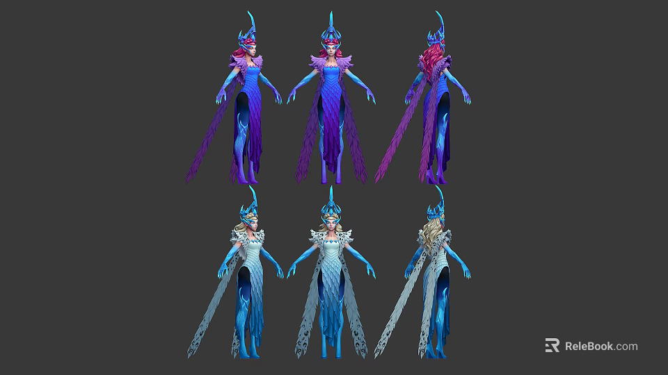 Colorful Female Character Designs In Blue Purple Costumes With Decorative Headdresses 3d model 
