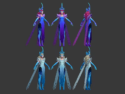 Colorful Female Character Designs In Blue Purple Costumes With Decorative Headdresses 3d model