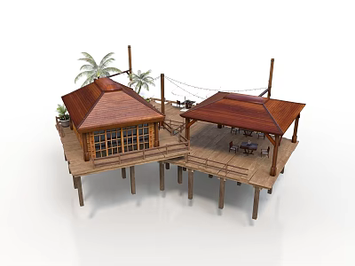 Wooden Stilt Building With Roofed Structure Platform Palm Trees Hammock And Furniture 3d model