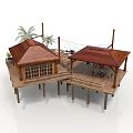 Wooden Stilt Building With Roofed Structure Platform Palm Trees Hammock And Furniture