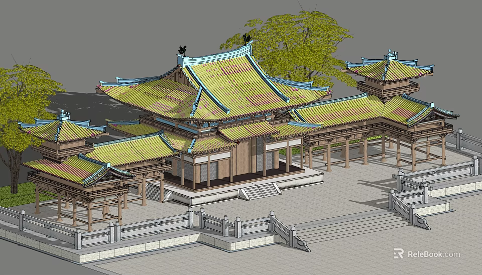 Traditional Chinese Ancient Architecture Complex With Curved Eaves Golden Green Tiles And Stone Steps 3d model 