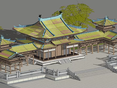 Traditional Chinese Ancient Architecture Complex With Curved Eaves Golden Green Tiles And Stone Steps 3d model