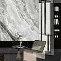 Modern Leisure Chair In Living Area With Marble Wall And Green Plant On Side Table