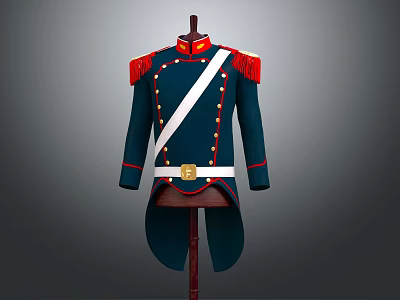 Formal Military Tailcoat With Blue Fabric Red Epaulets White Belt And Gold Buttons 3d model