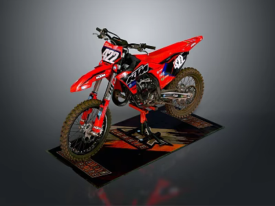 Red Motocross Dirt Bike With 722 Racing Number On Display Stand 3d model