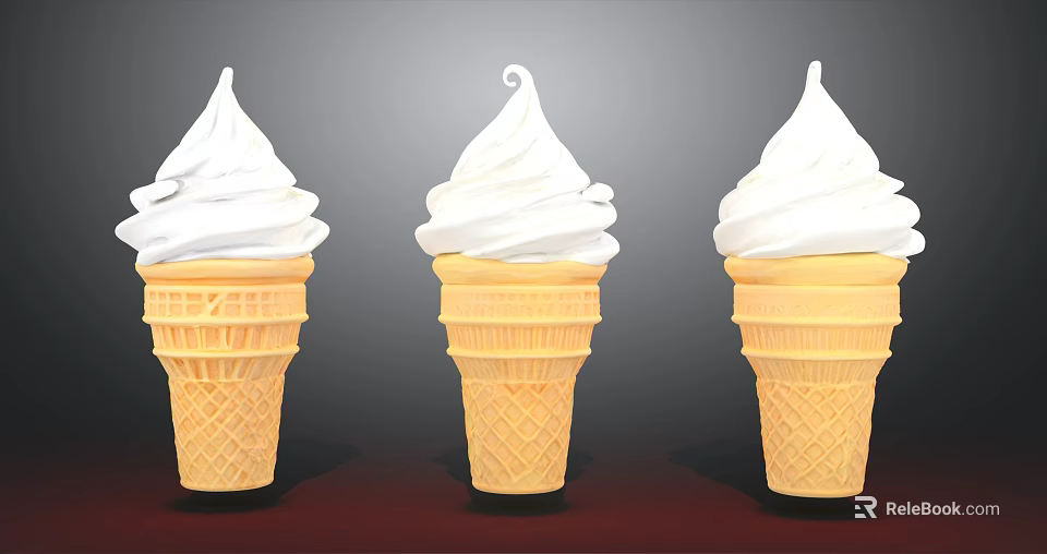 Three Golden Waffle Ice Cream Cones With Fluffy Whipped Cream Swirls 3d model 