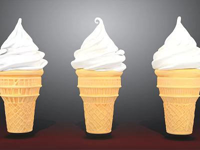 Three Golden Waffle Ice Cream Cones With Fluffy Whipped Cream Swirls 3d model