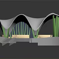 Cartoon Scene Featuring Round Platform White Curved Roof Green Pillars Beige Seats Ramp And Steps