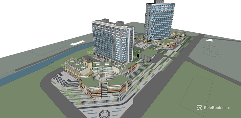 Modern Mixed Use Commercial Complex With Tall Buildings Low Rise Retail And Green Areas 3d model 