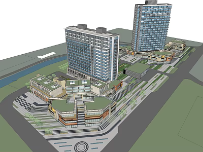 Modern Mixed Use Commercial Complex With Tall Buildings Low Rise Retail And Green Areas 3d model