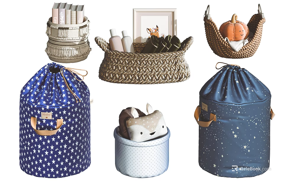 Decorative Woven And Fabric Storage Baskets With Star Pattern Dotted Design For Home Organizing 3d model 