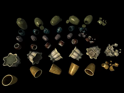 Various Ceramic Vessels With Different Shapes Sizes And Broken Fragments 3d model
