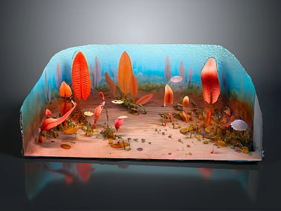 Vibrant Miniature Diorama With Red Orange Plants Blue Background Sandy Ground And Arched Structure 3d model