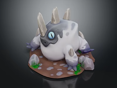 Fantasy Creature White Gray With Horns Blue Eyes On Base With Rocks And Small Plants 3d model