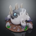 Fantasy Creature White Gray With Horns Blue Eyes On Base With Rocks And Small Plants